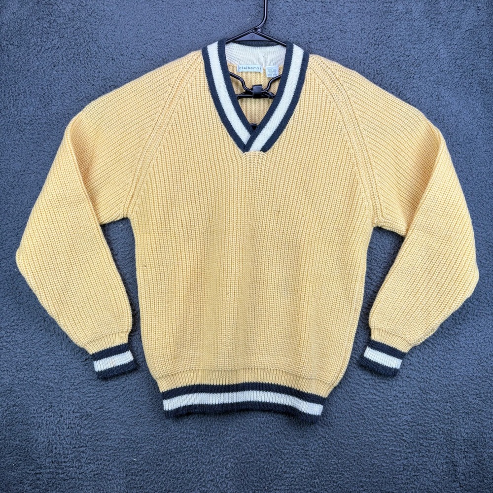 Vtg Claiborne Womens Yellow V Neck Ribbed Wool Prep Varsity Tennis Sweater Sz. L